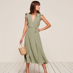 Reformation Hillary Seafoam Ruffle Sleeve Deep V Wrap Dress w tags size M
